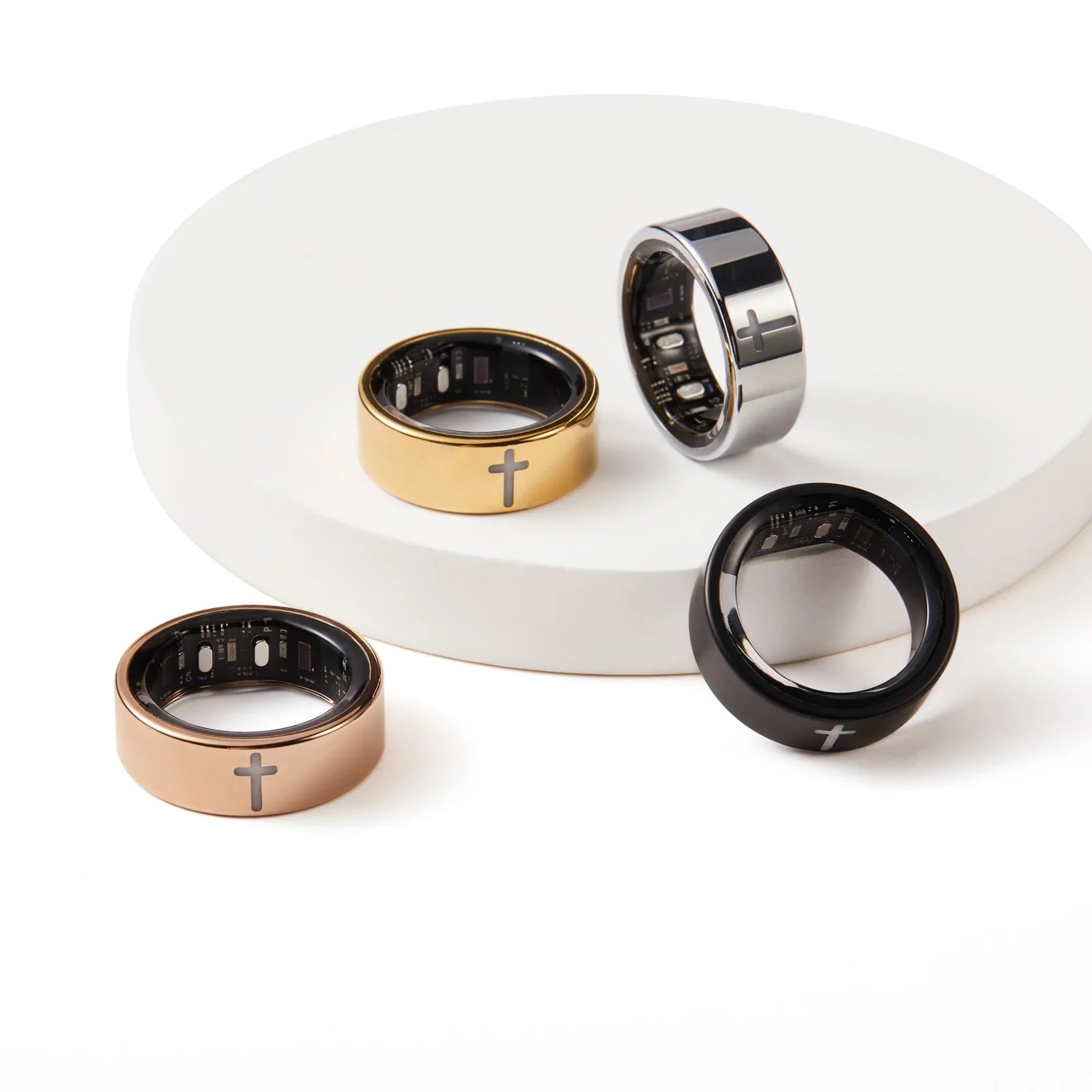 Four Elah Ring finishes shown together in a recent product photo