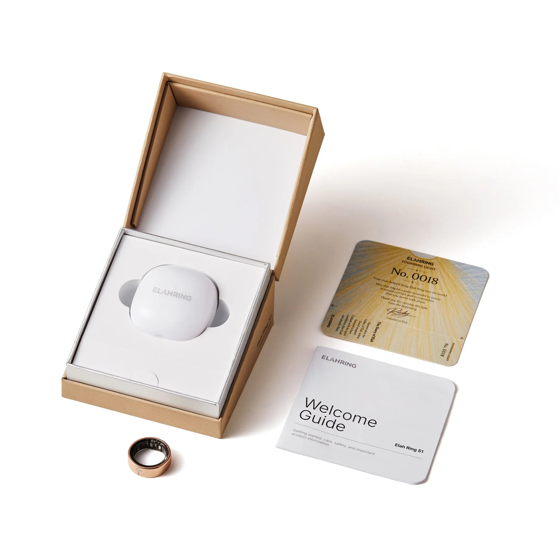 Recent Elah Ring physical sample, charging case, packaging and welcome materials