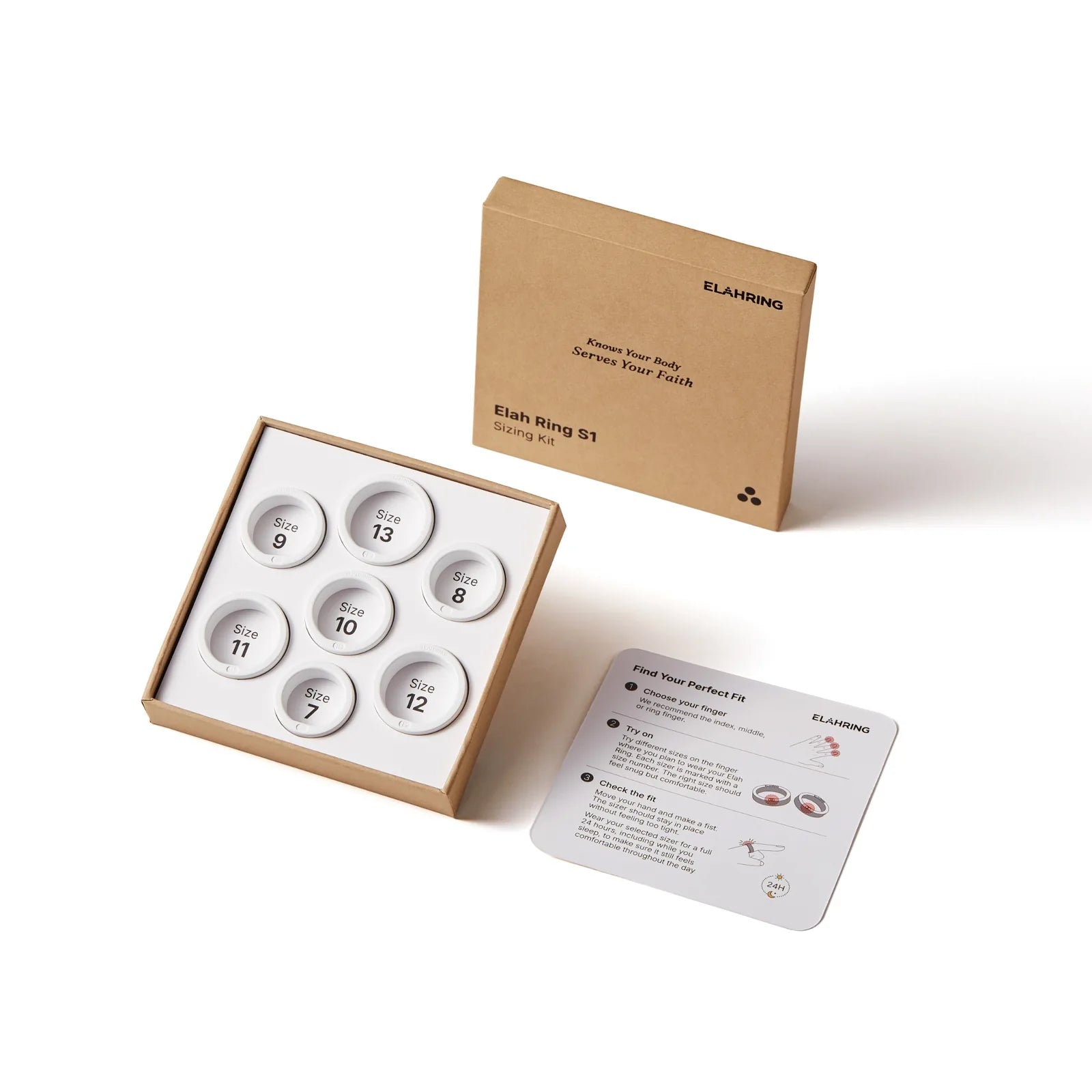 Elah Ring sizing kit with ring sizes and fit instructions